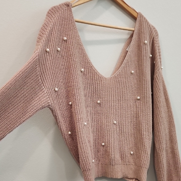 Jessica Simpson Tan V-Neck Sweater with Pearl Accents - Picture 7 of 7